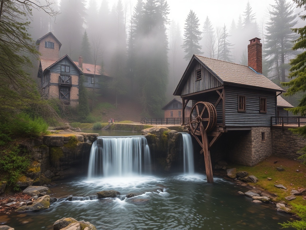 waterfall cascading near historic wooden mill surrounded by forest, early morning mist, serene setting
