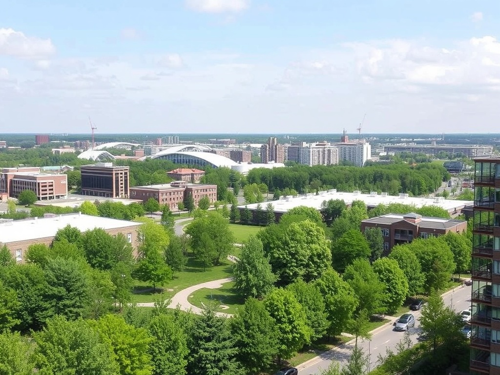 a picturesque view of Thorold, showcasing a mix of modern architecture and lush green parks