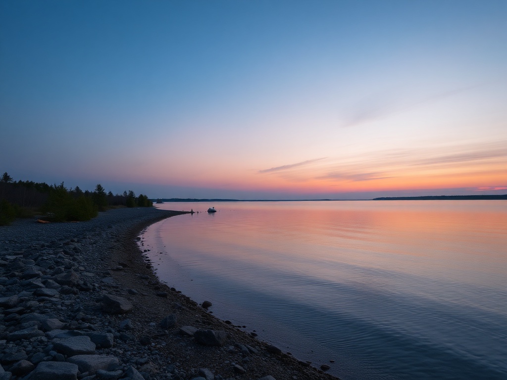 empty peaceful shoreline in Thousand Islands at dusk calm water and quiet sky