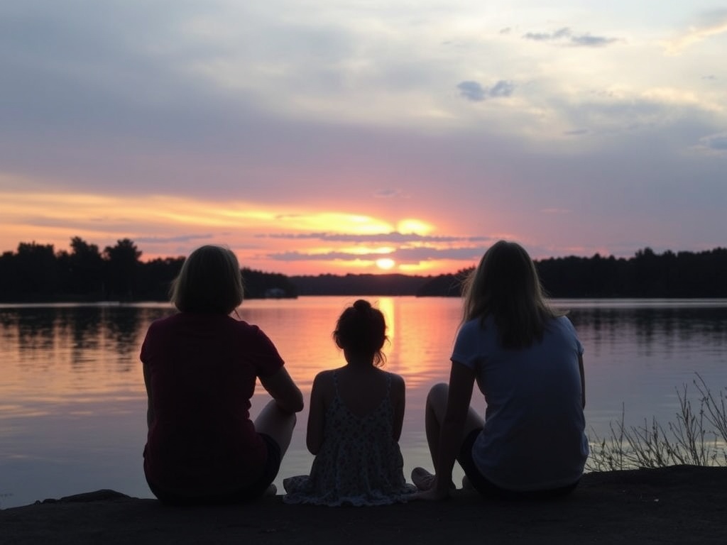 friends sitting quietly near water at sunset in Thousand Islands region