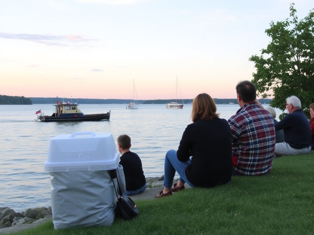 locals sitting by St Lawrence River shoreline in Gananoque watching boats on calm water
