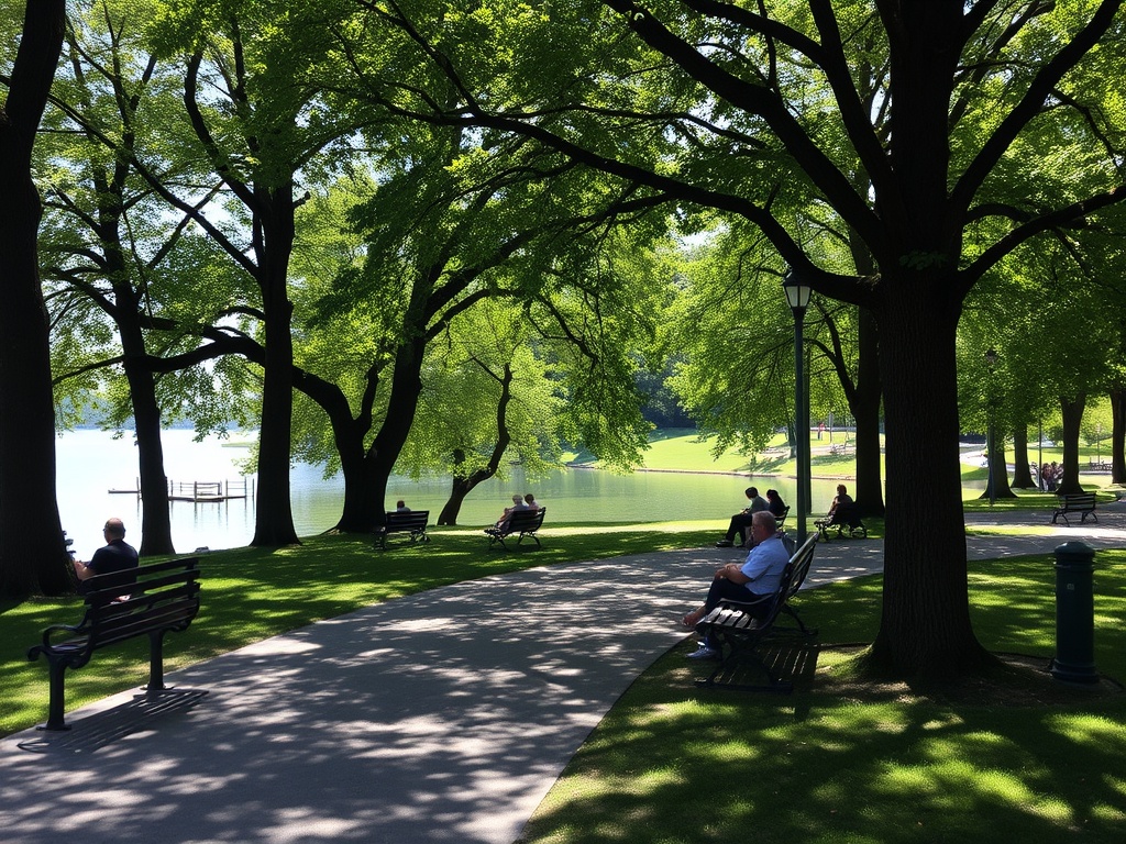 quiet shaded park in Gananoque overlooking water with people relaxing on benches