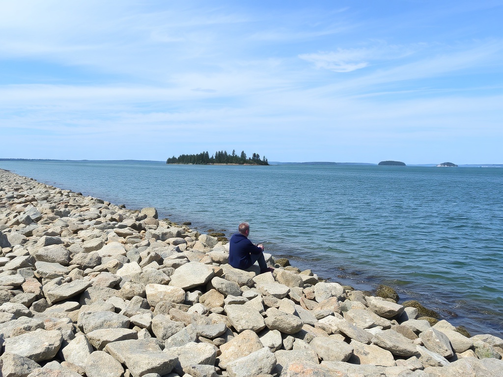 rocky shoreline along Thousand Islands Parkway with person sitting quietly looking at islands