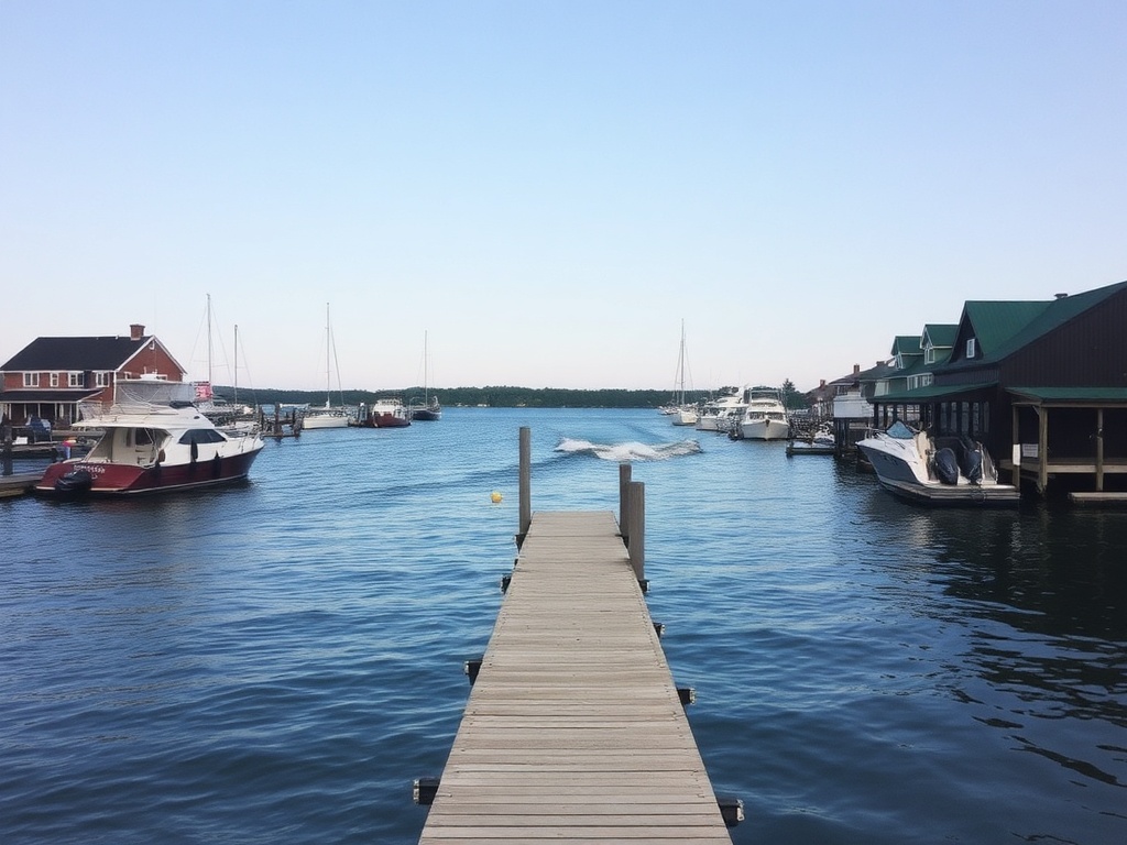 small dock in Rockport Ontario with boats passing and calm blue water