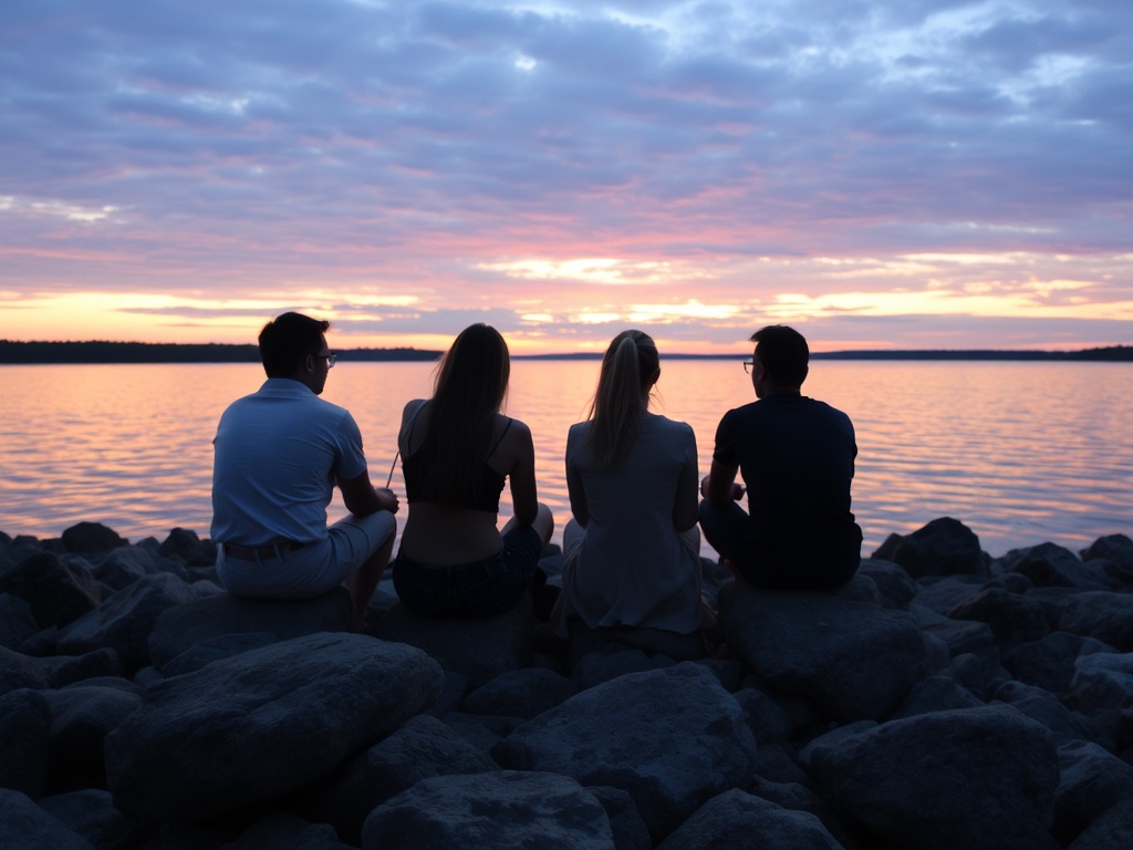 friends sitting on rocks by St Lawrence River sunset warm tones relaxed Ontario no crowds