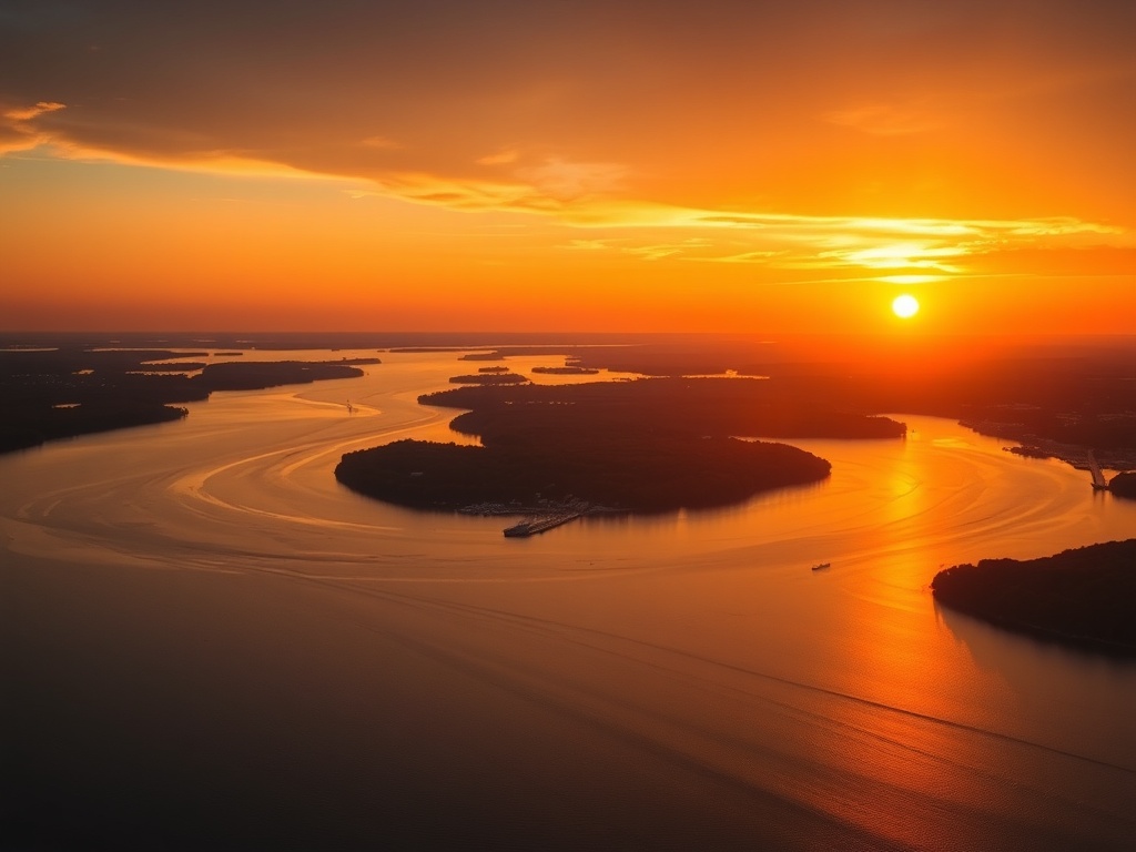 golden sunset over St. Lawrence River Thousand Islands glowing, calm water, cinematic Ontario light
