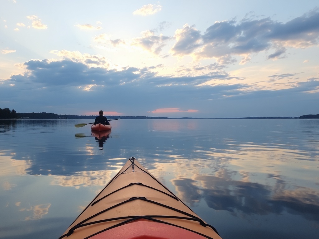 kayak calm St Lawrence River golden hour Thousand Islands reflections peaceful