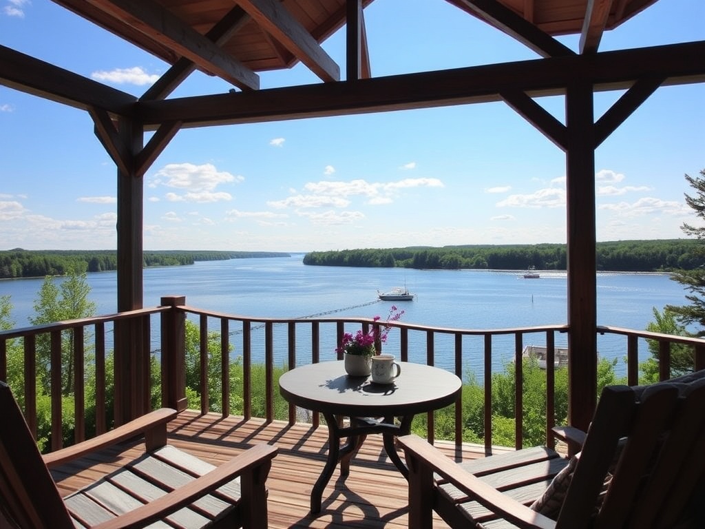 morning coffee cottage deck Thousand Islands river view cozy Ontario vibe