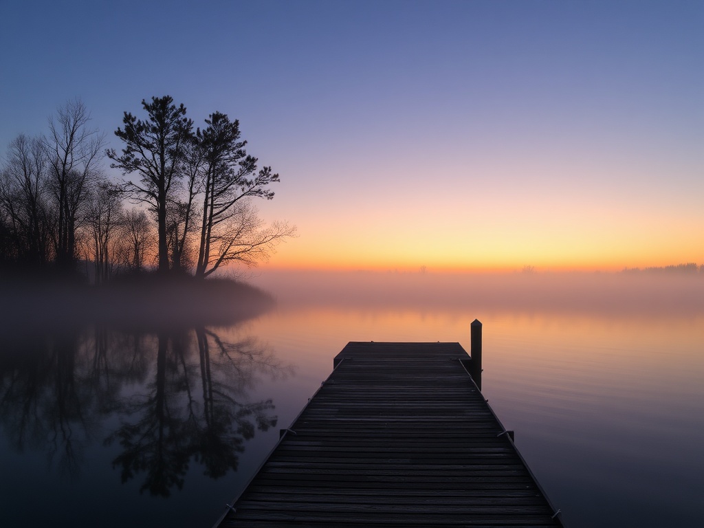 quiet dock Thousand Islands sunrise mist rising St Lawrence River Ontario peaceful morning