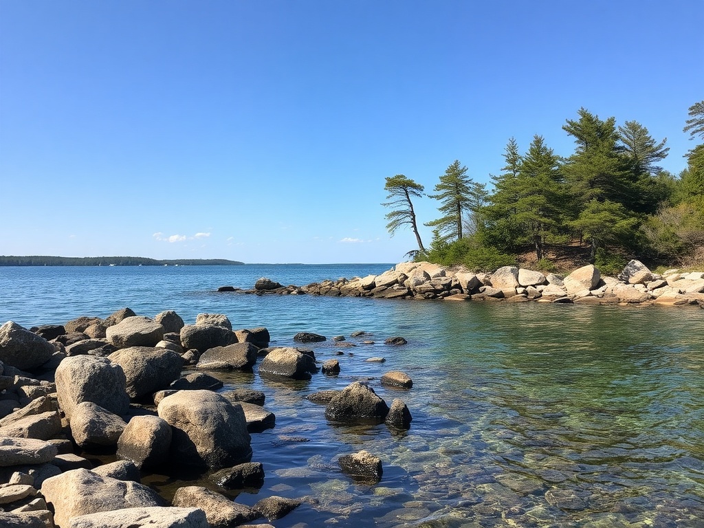 Thousand Islands rocky shoreline pine trees clear water Ontario afternoon light relaxed