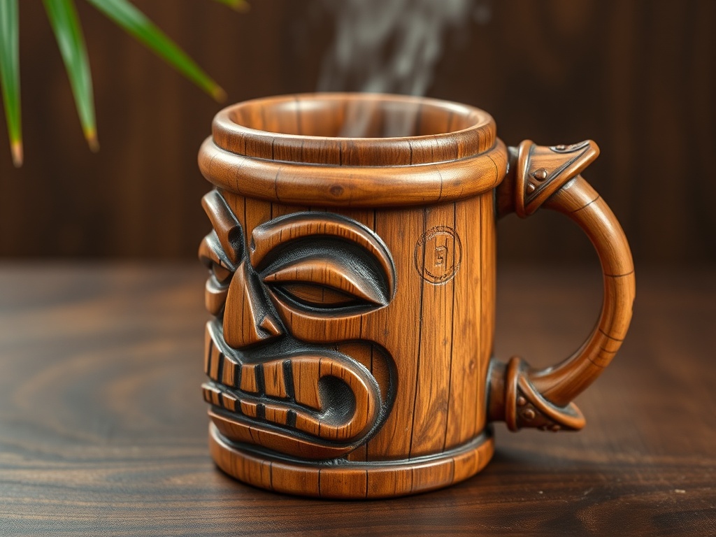 vivid description of a bamboo tiki mug with natural wood textures and earthy tones