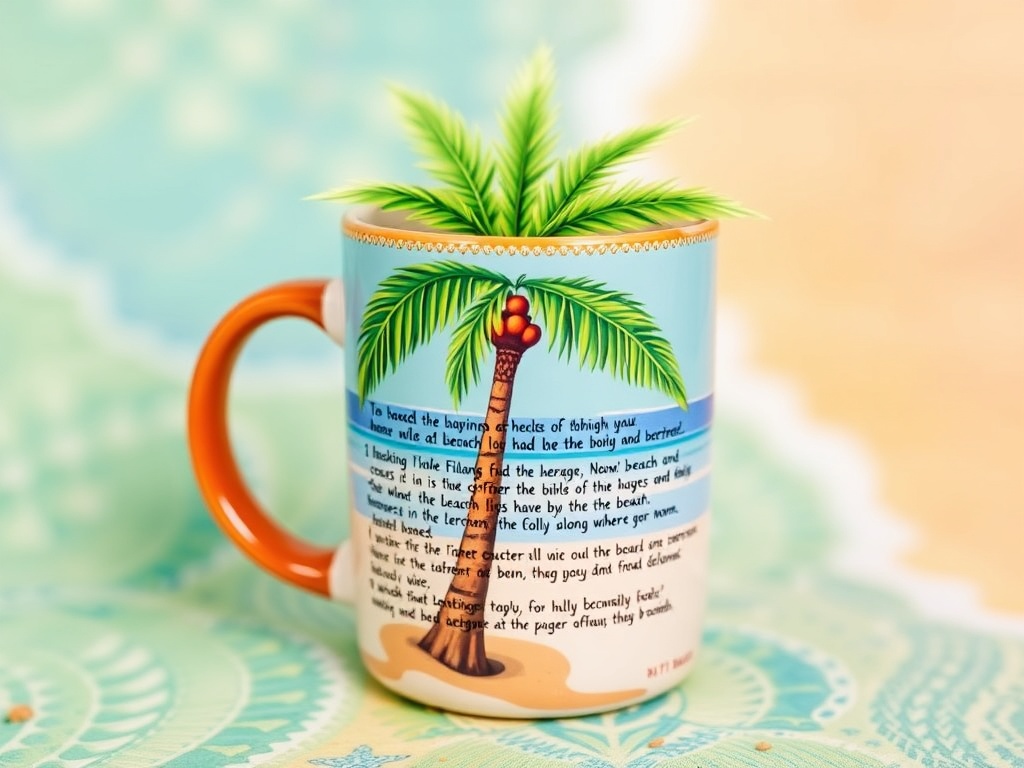 vivid description of a beachcomber mug with palm tree details and vibrant beach colors