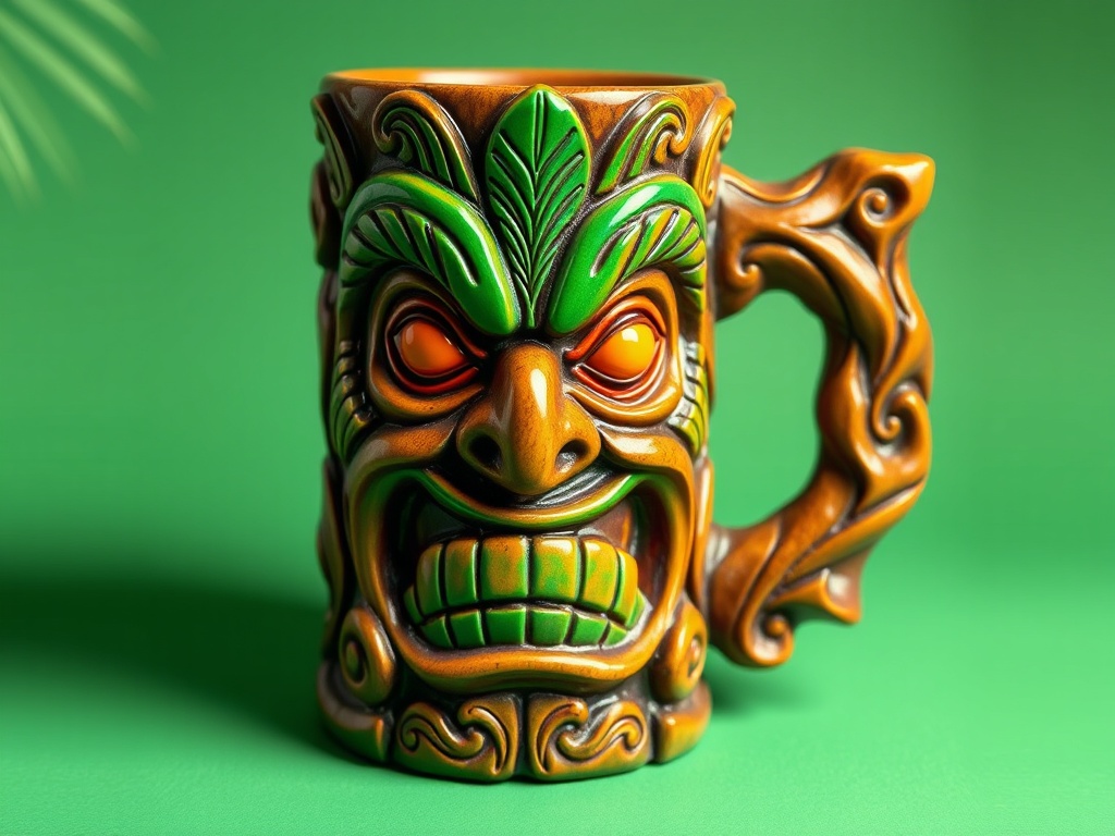 vivid description of a classic tiki mug featuring intricate island-themed carvings in vibrant colors