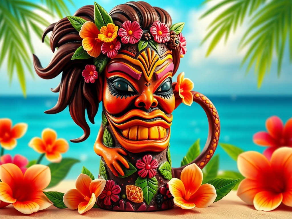 vivid description of a Hawaiian girl tiki mug with vibrant colors and tropical patterns