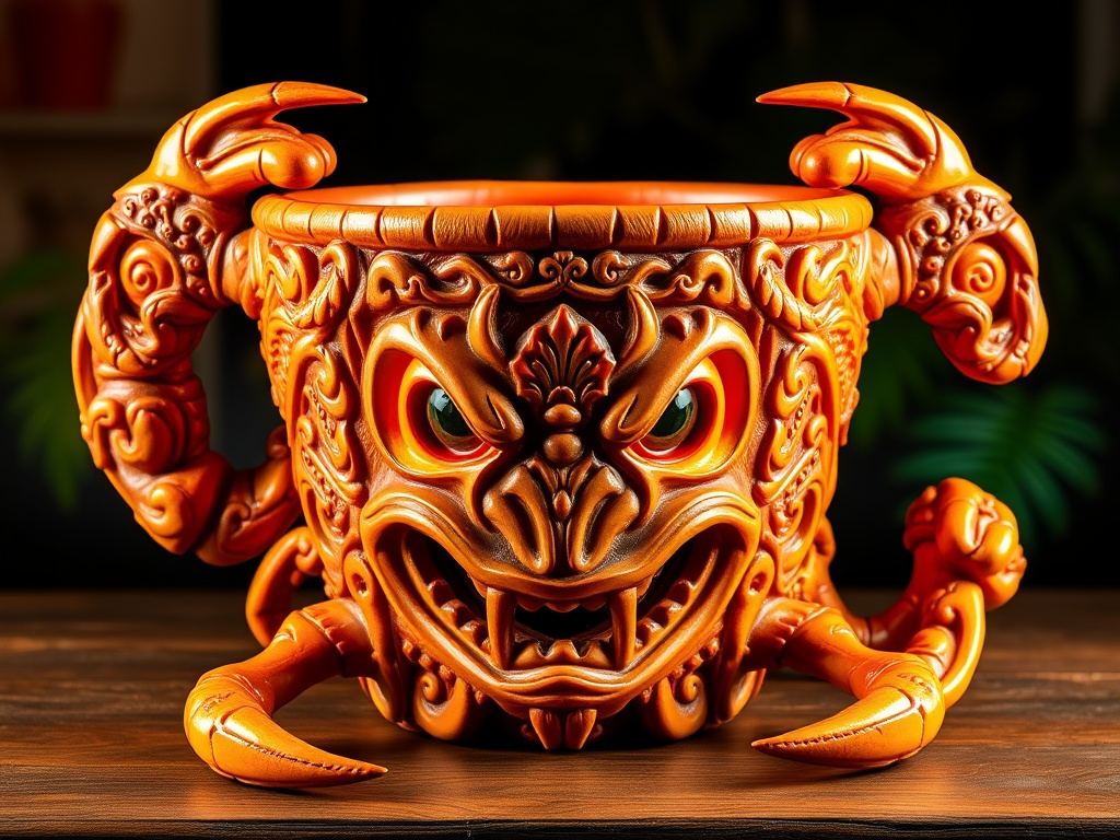 vivid description of a large Scorpion Bowl tiki mug with intricate carvings and bright tropical colors