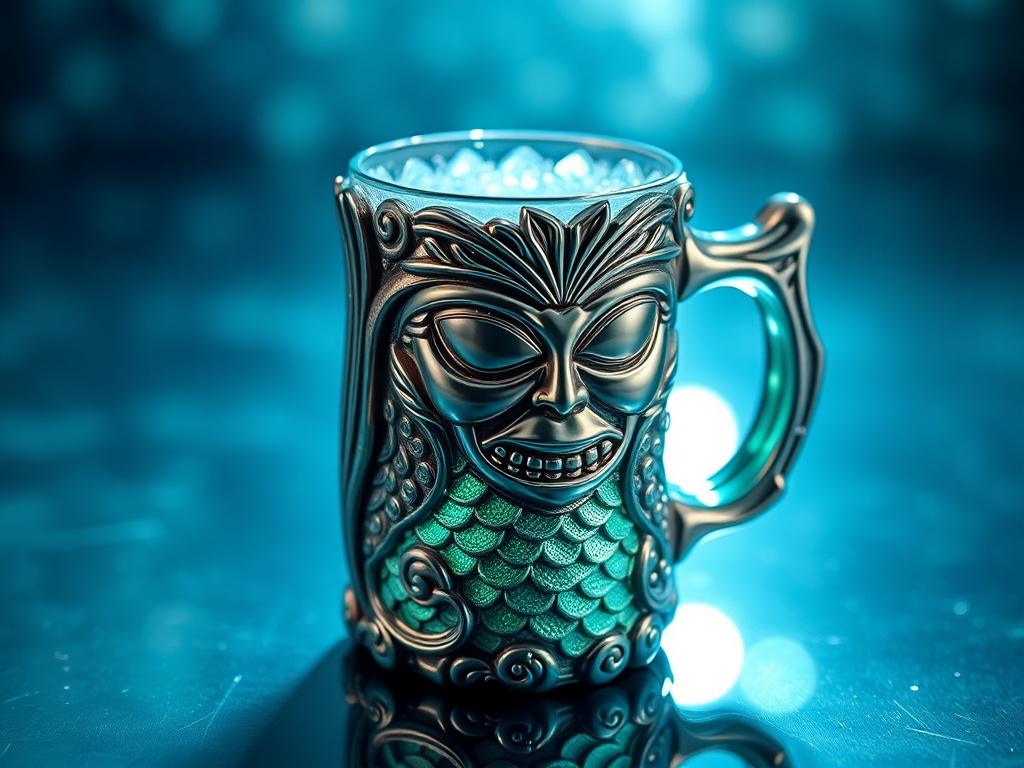 vivid description of a mermaid tiki mug with delicate ocean-inspired designs and a shiny surface