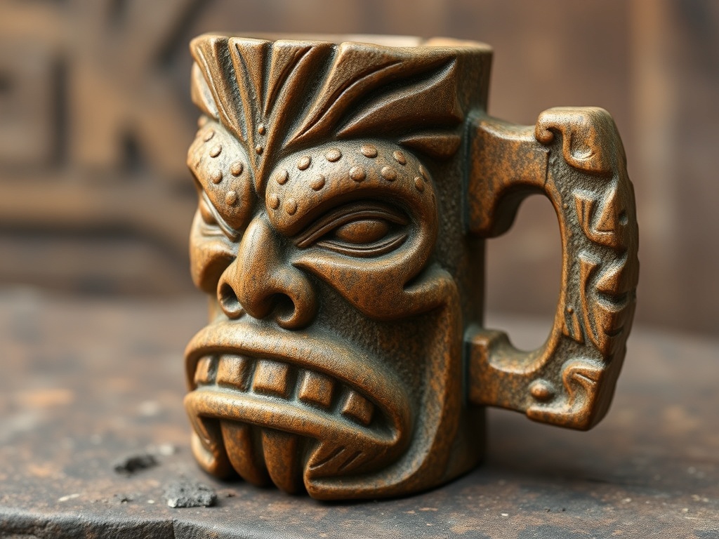 vivid description of a Moai tiki mug with carved stone-like features and a weathered look