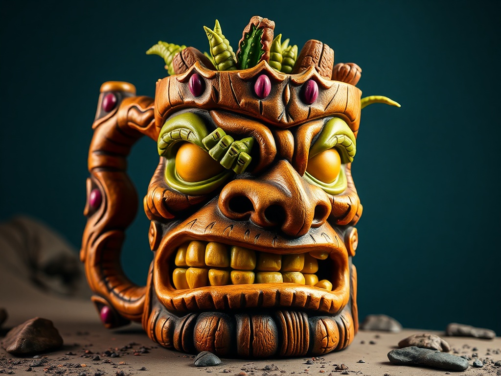 vivid description of a monstrous tiki mug with exaggerated features and bold colors