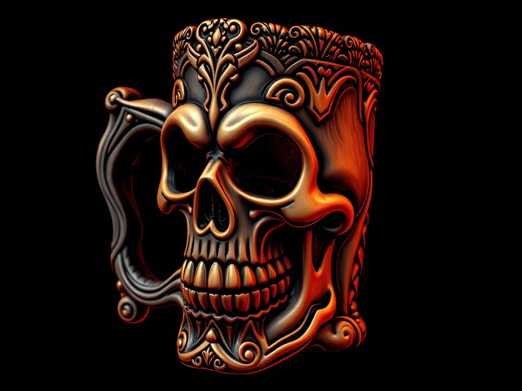 vivid description of a skull tiki mug with intricate details and a dark color palette