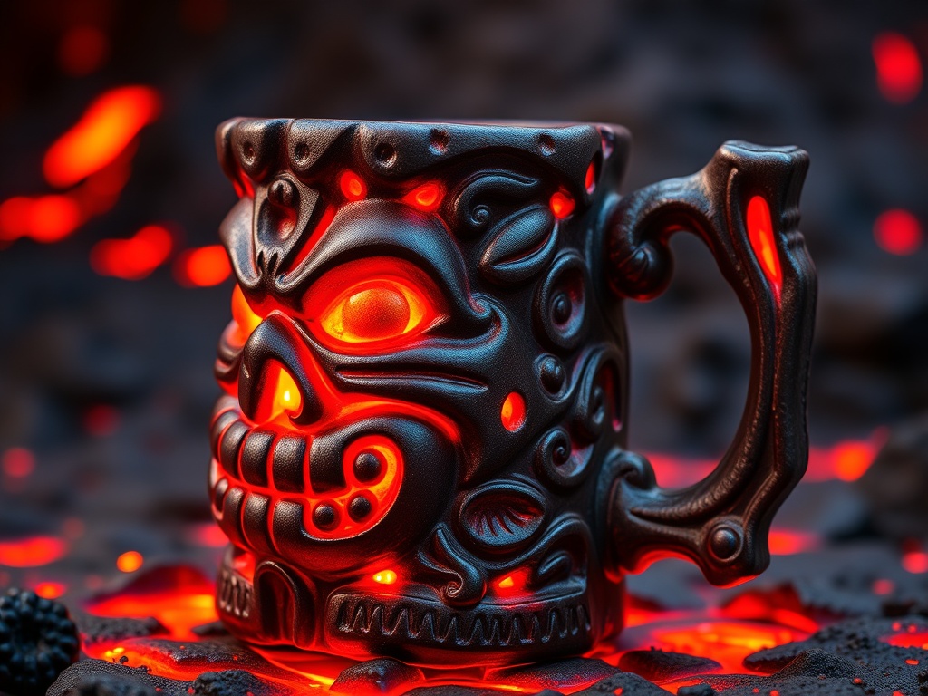 vivid description of a volcano tiki mug with fiery red and orange lava details
