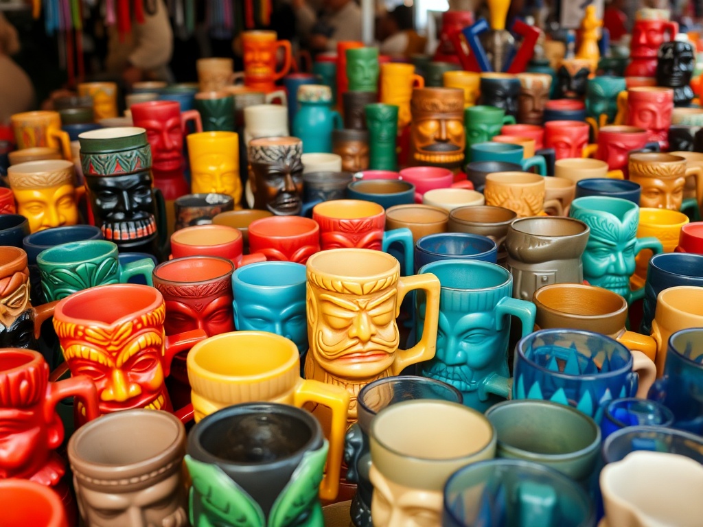 a cluttered flea market table filled with colorful tiki mugs, one rare detailed mug subtly highlighted among common pieces