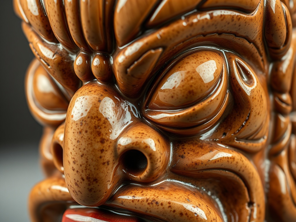 close-up of a highly detailed tiki mug with deep carvings and textured glaze, highlighting craftsmanship
