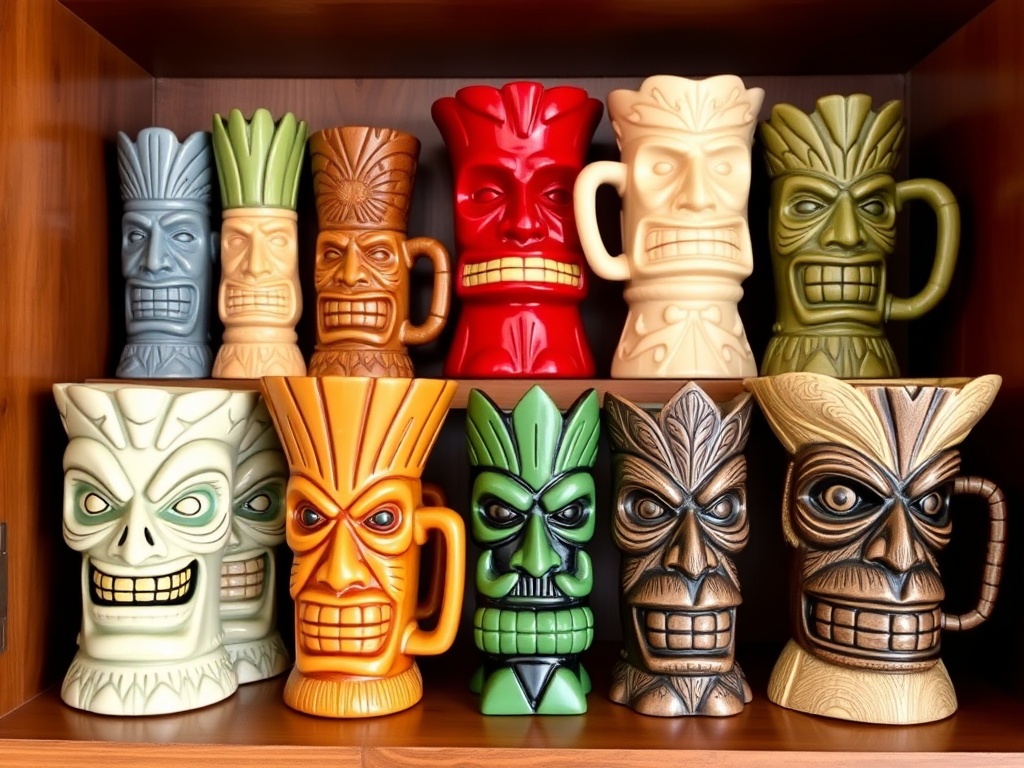 collection shelf showing mix of vintage and modern tiki mugs with evolving design styles