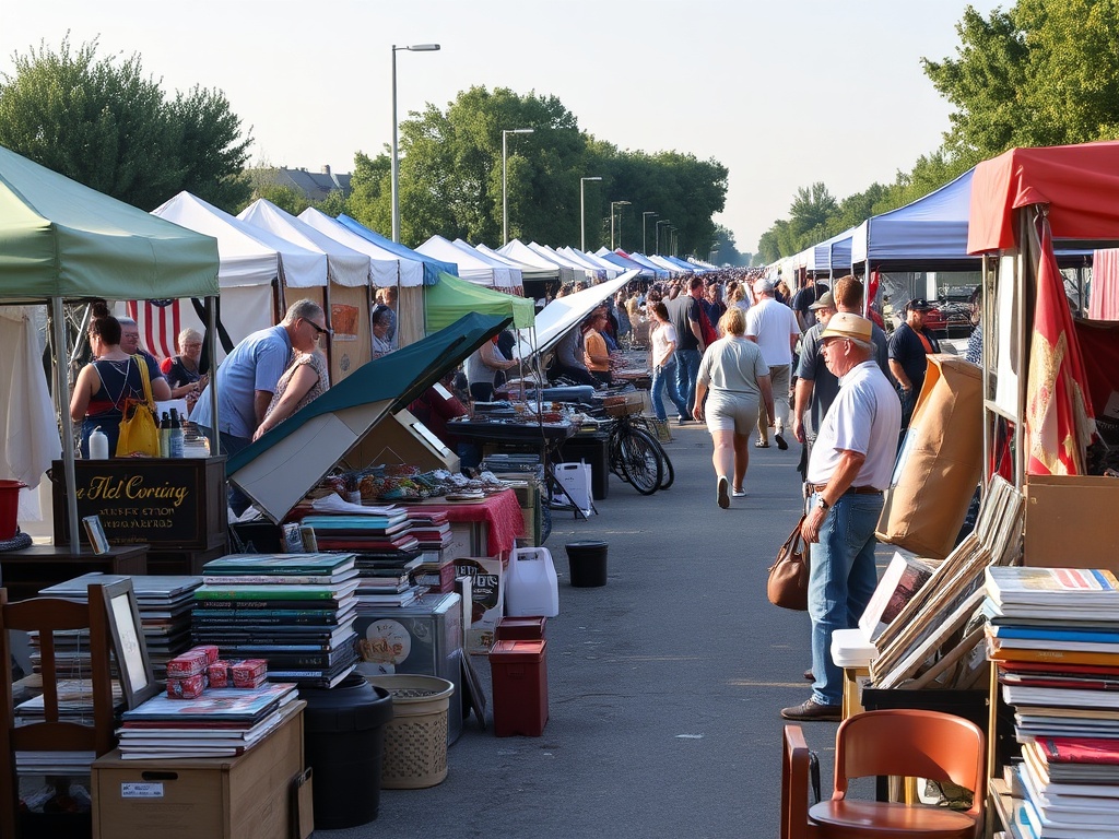 early morning flea market setup with collectors browsing before crowds arrive
