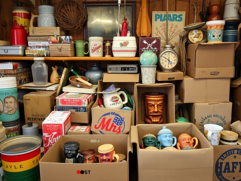 garage sale scene with random household items and hidden tiki mugs mixed in boxes