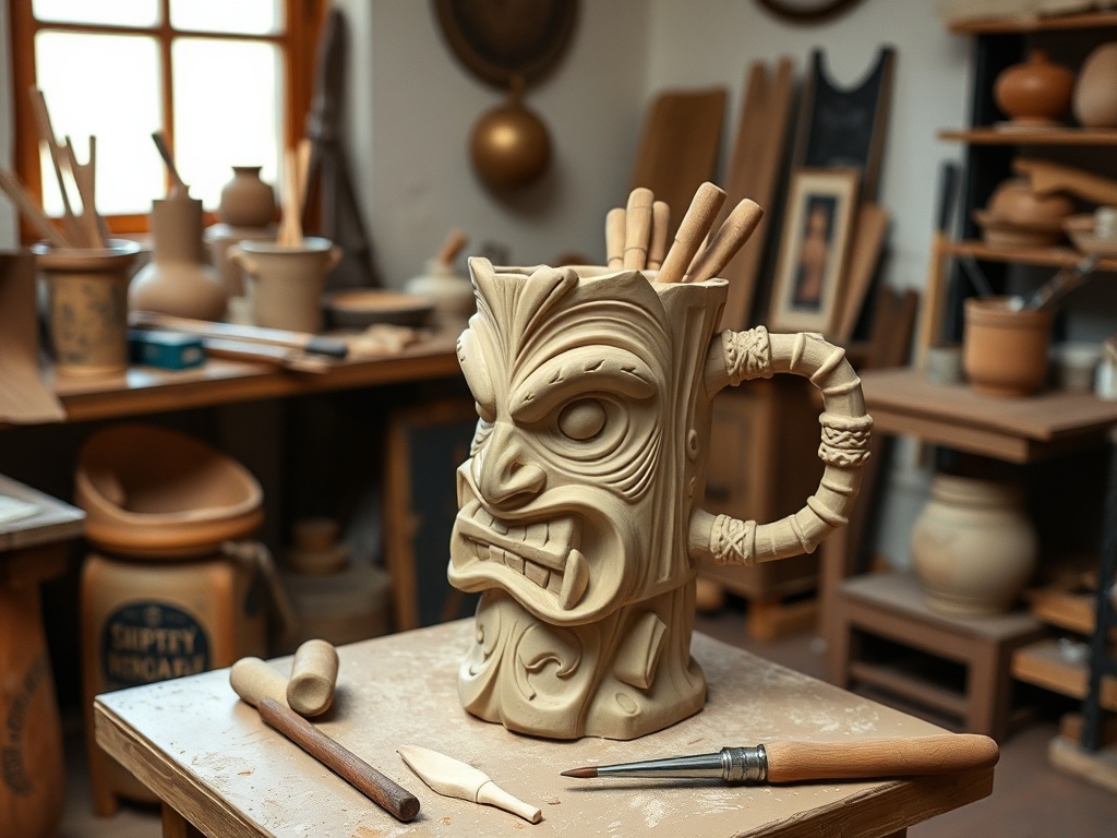 independent ceramic artist in a studio sculpting a tiki mug by hand with tools and clay
