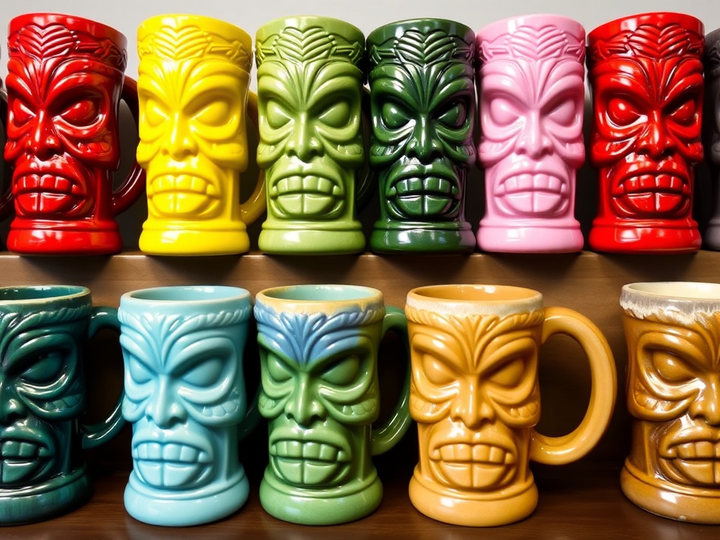rows of tiki mugs showing different glaze styles from glossy bright colors to earthy matte finishes