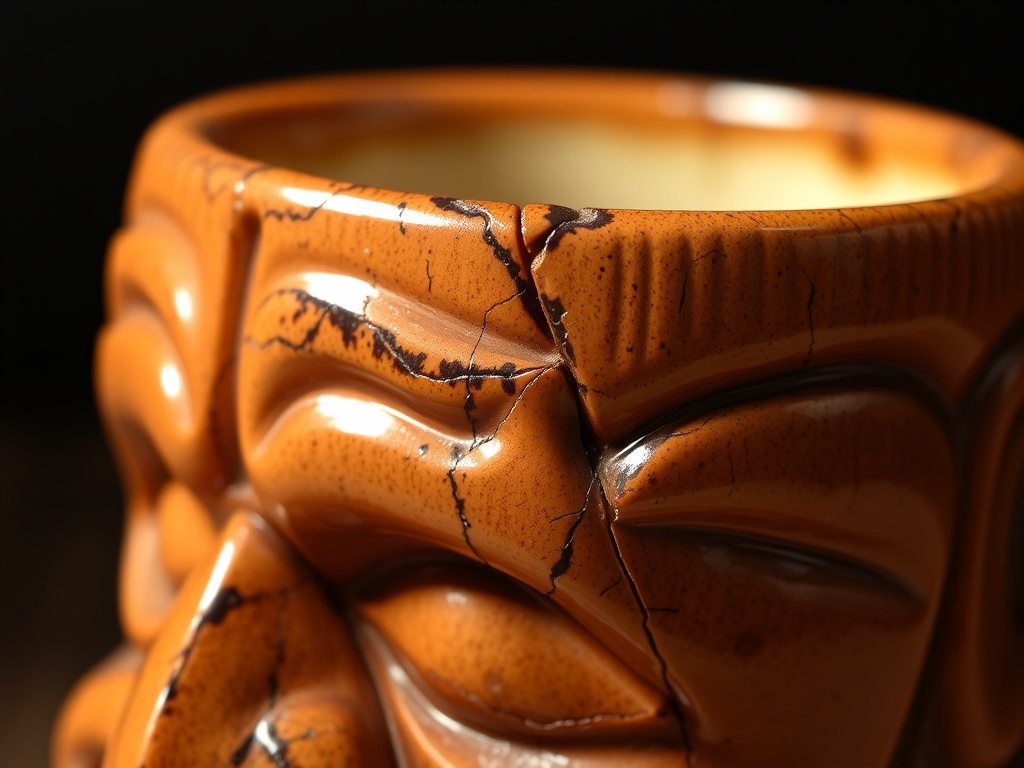 tiki mug under angled light revealing fine hairline cracks and glaze wear details