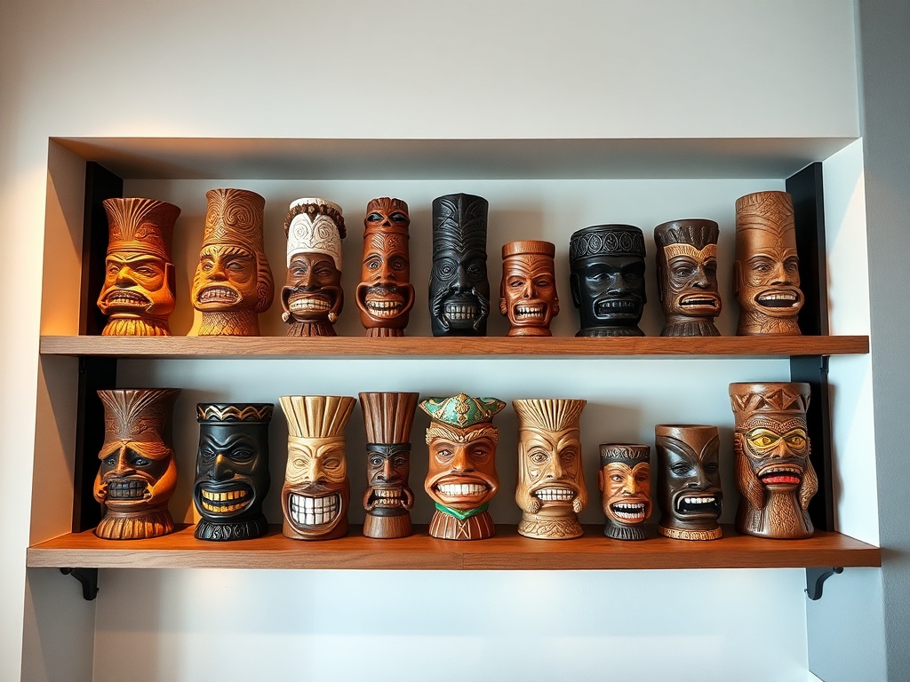 well-curated display shelf of tiki mugs arranged thoughtfully with lighting and spacing
