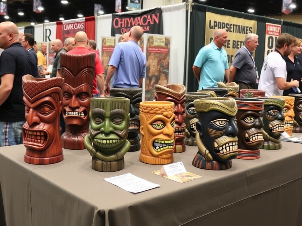 a table at a collectible show displaying various Tiki mugs for sale