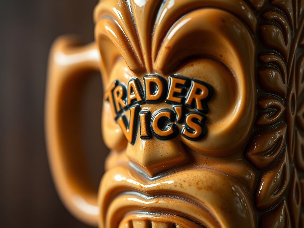 close-up of a classic Trader Vic's Tiki mug with a vintage design