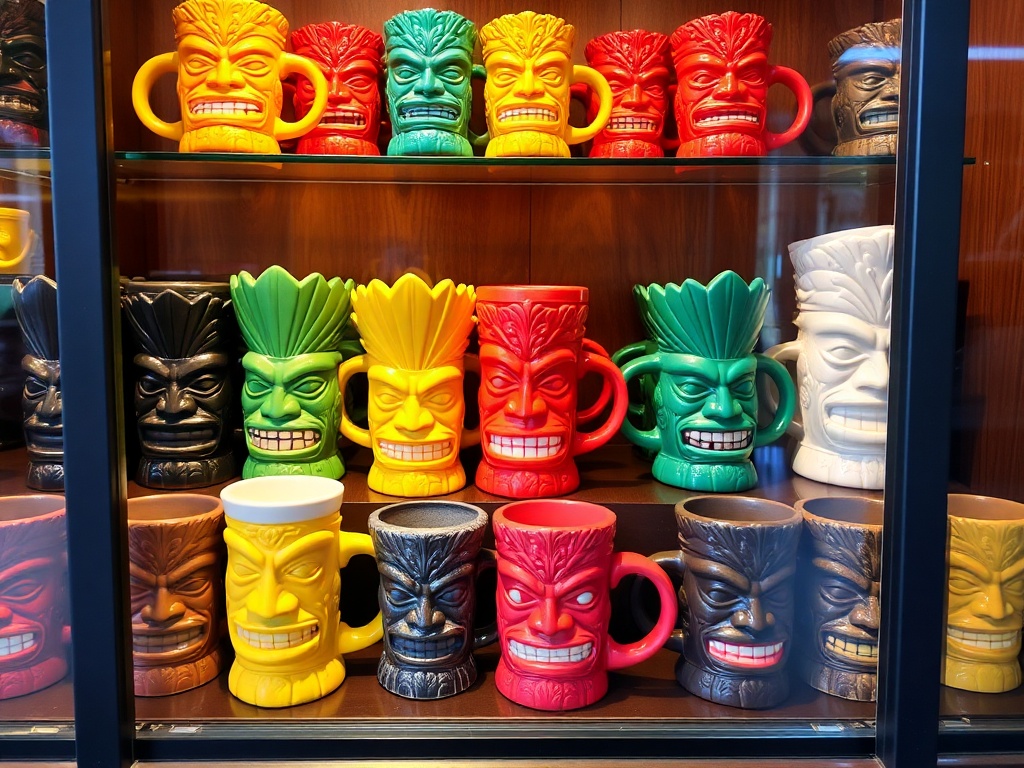 display case filled with colorful Tiki mugs arranged neatly