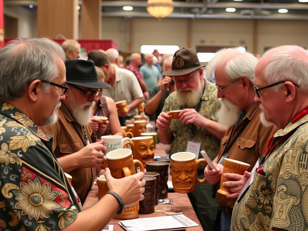 group of collectors at a Tiki convention exchanging mugs and stories