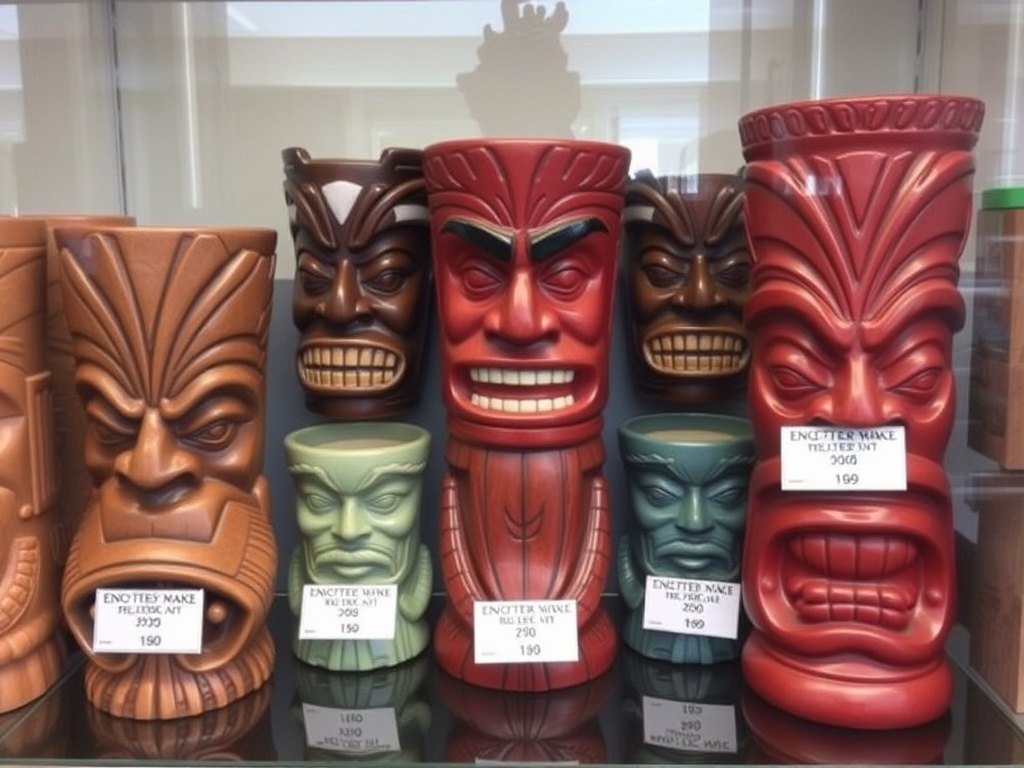 Tiki mugs arranged in a display case with labels indicating their age and value