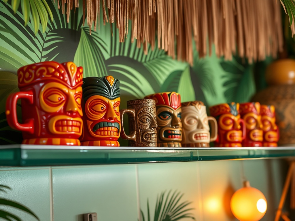 vivid description of Tiki mugs displayed on a shelf in a brightly lit tiki-themed room