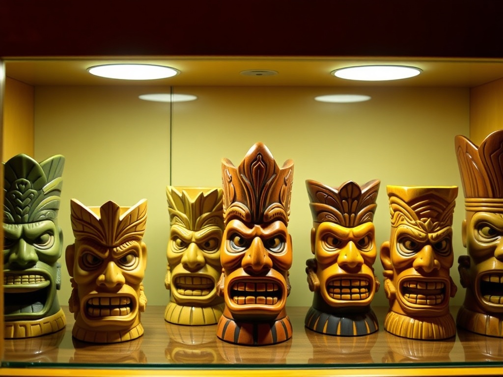 A collection of Tiki mugs displayed in a well-lit cabinet