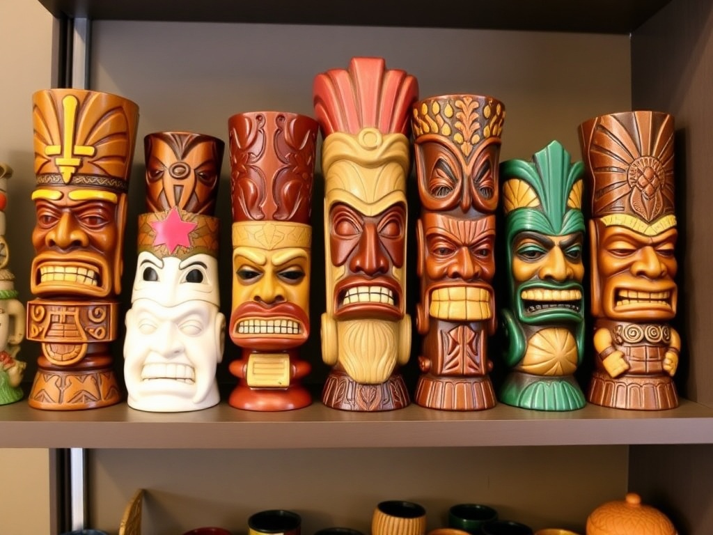 A Tiki mug collection displayed neatly on a shelf, highlighting different designs
