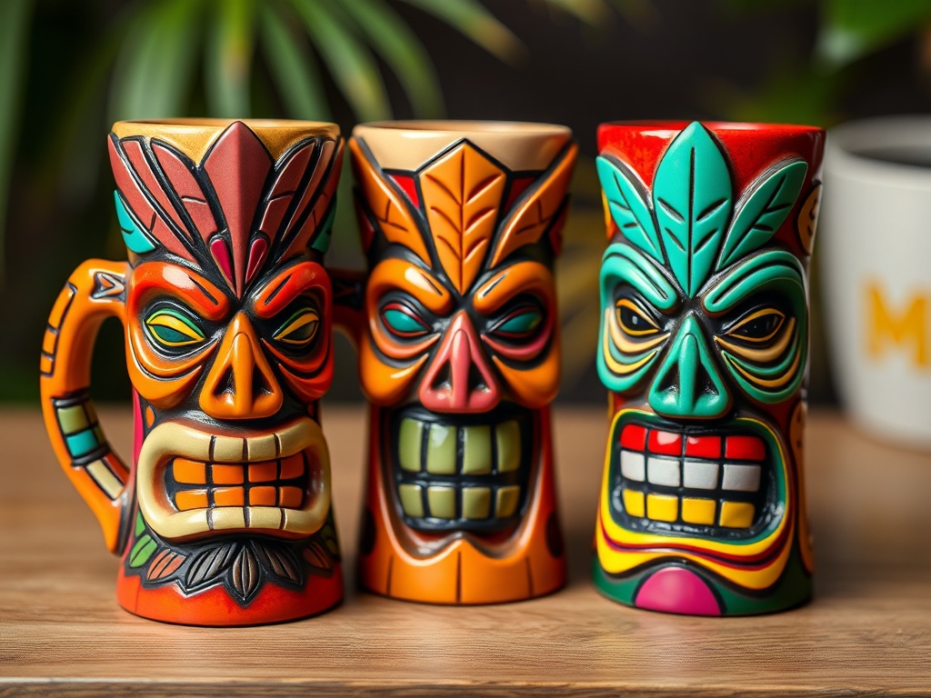 Colorful modern Tiki mugs with artistic designs