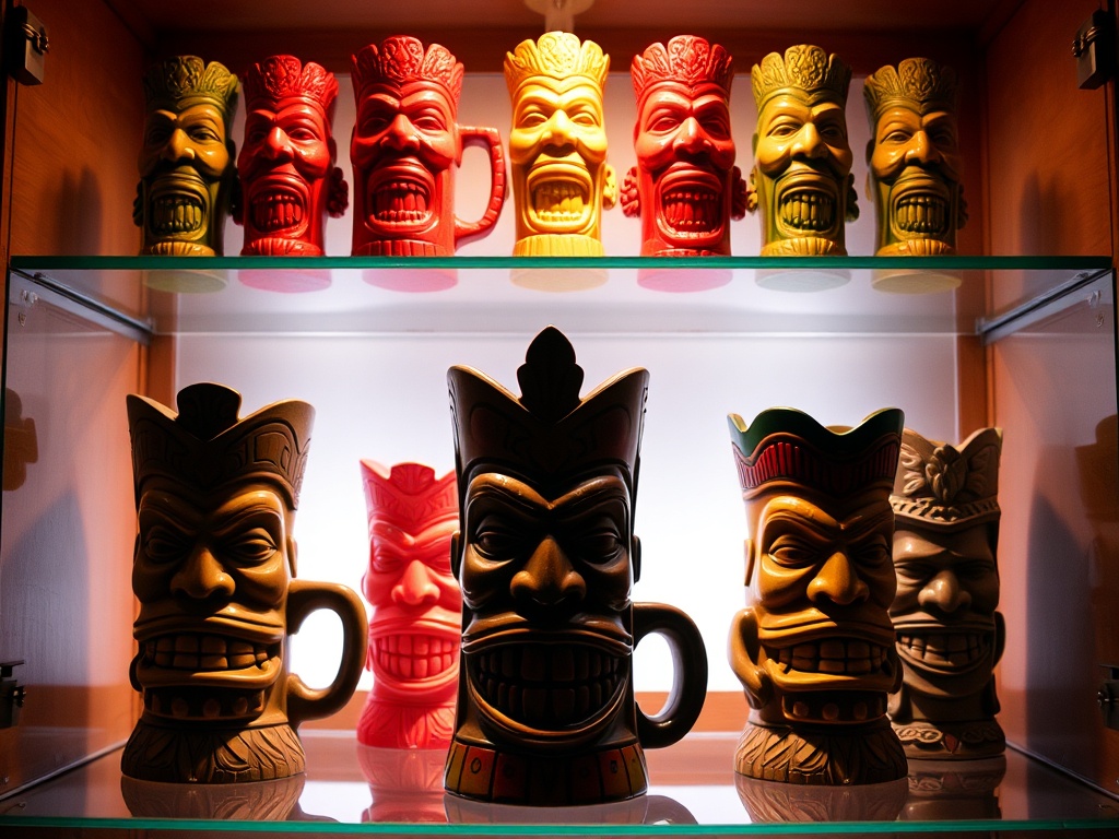 Vintage Tiki mugs displayed in a well-lit cabinet