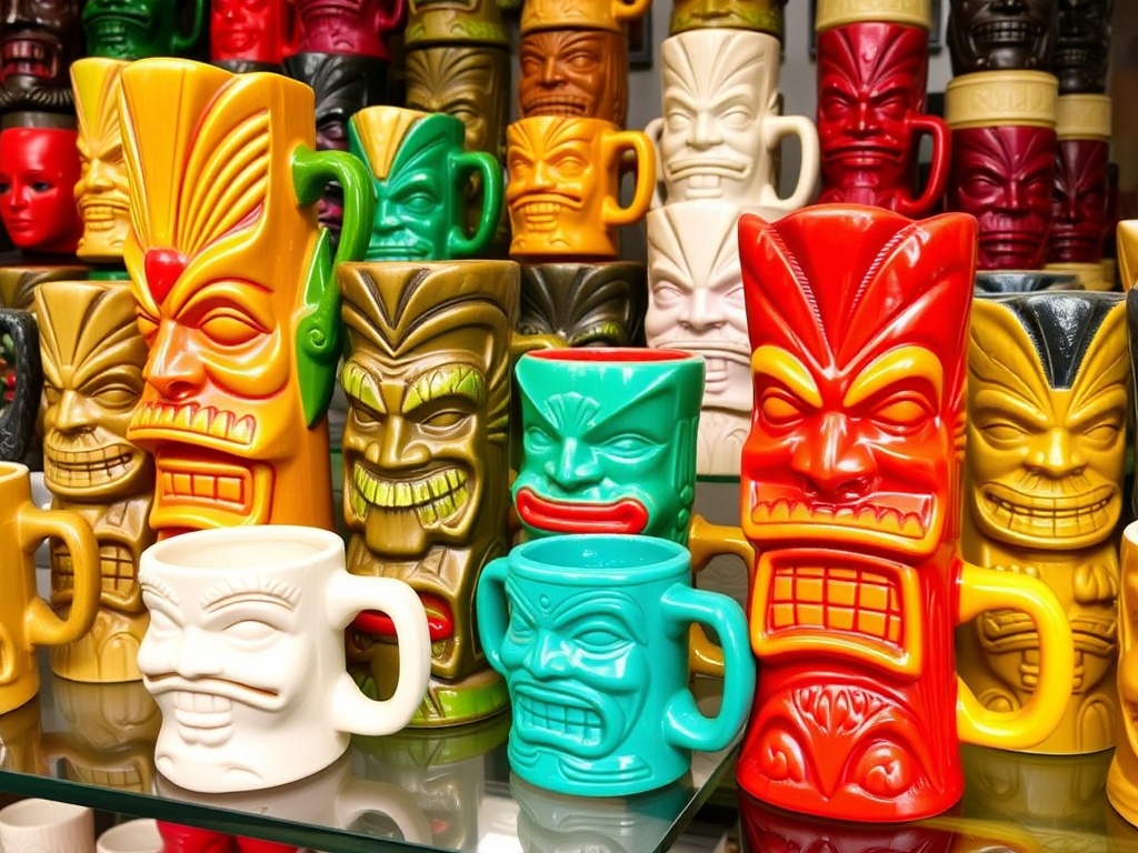 Vintage Tiki mugs on display, showcasing a variety of colors and designs