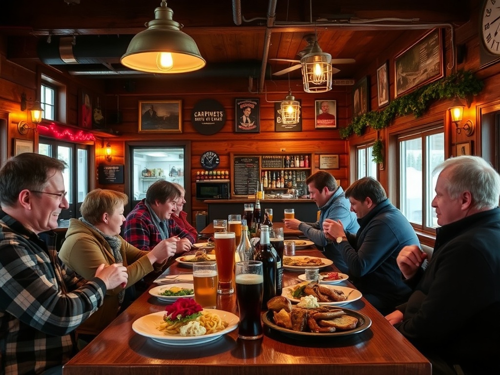 a cozy local restaurant in Timmins with diners enjoying craft beer and hearty meals