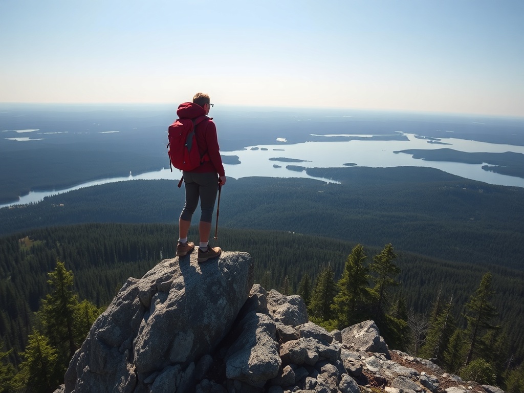 a hiker standing atop a mountain peak with sweeping views of Ontario forests and lakes