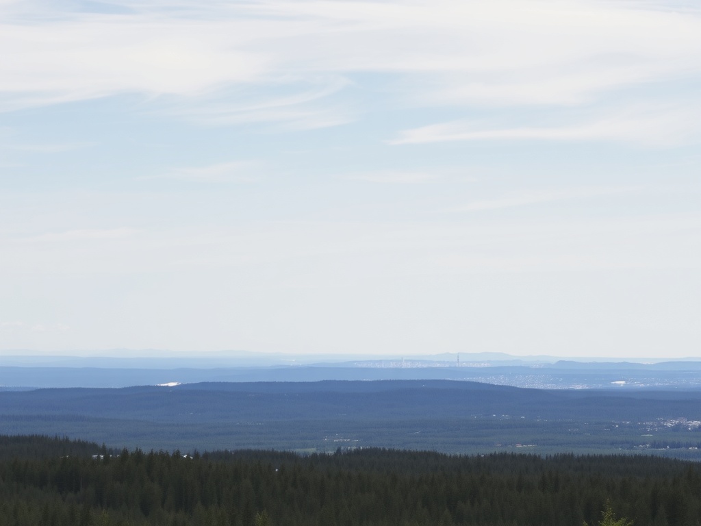 a panoramic view of Timmins, showing dense forests and the silhouette of a small city in the distance