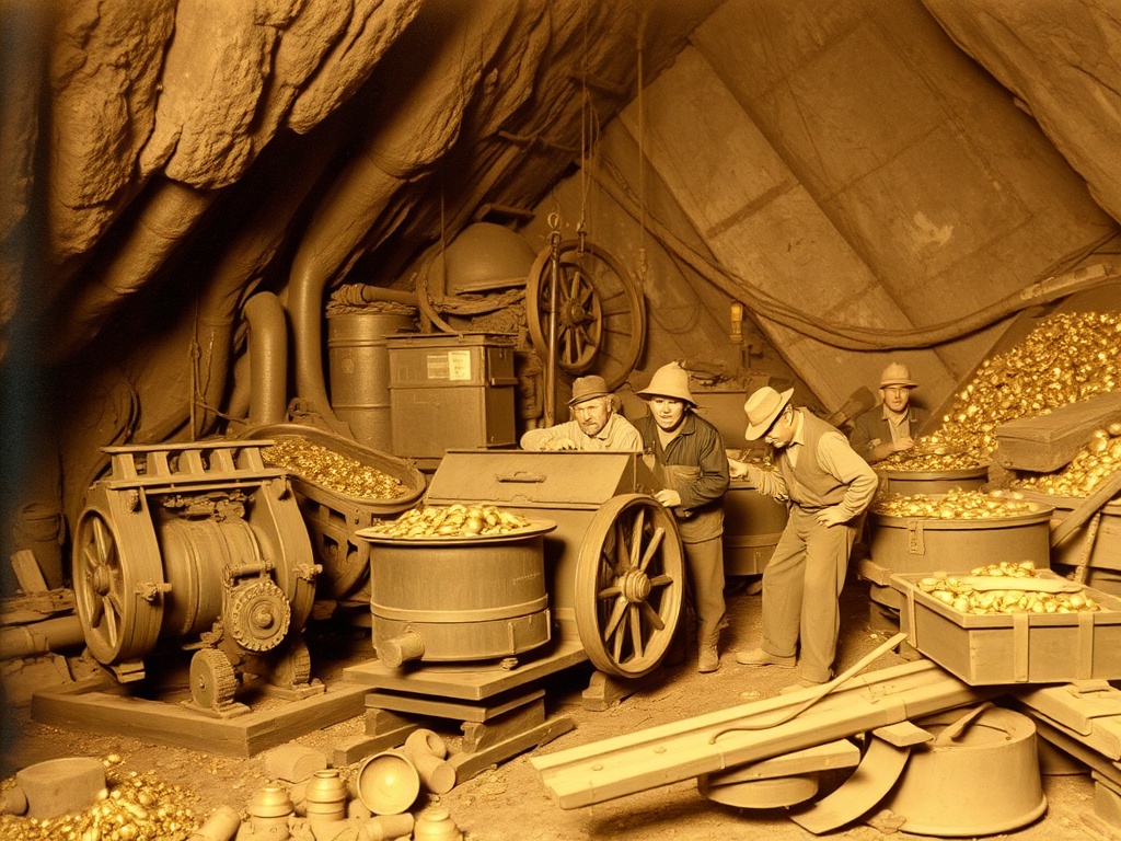 a vintage photograph of gold miners in Ontario, showcasing old mining equipment and workers