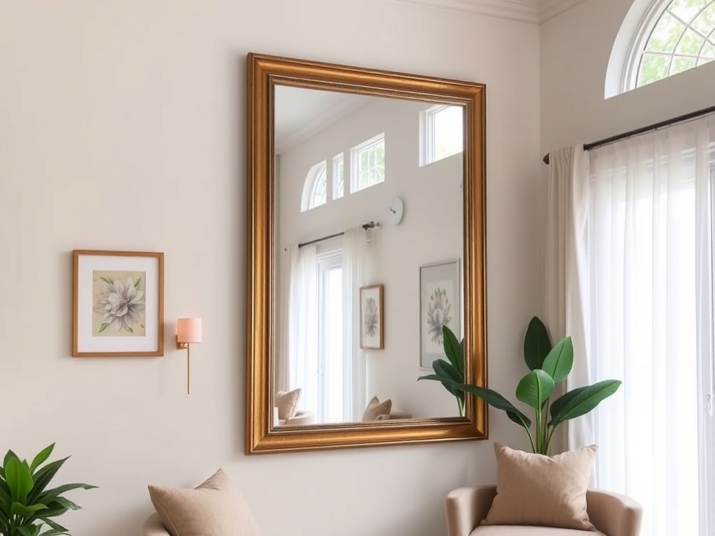 A large mirror mounted on a wall in a small living room