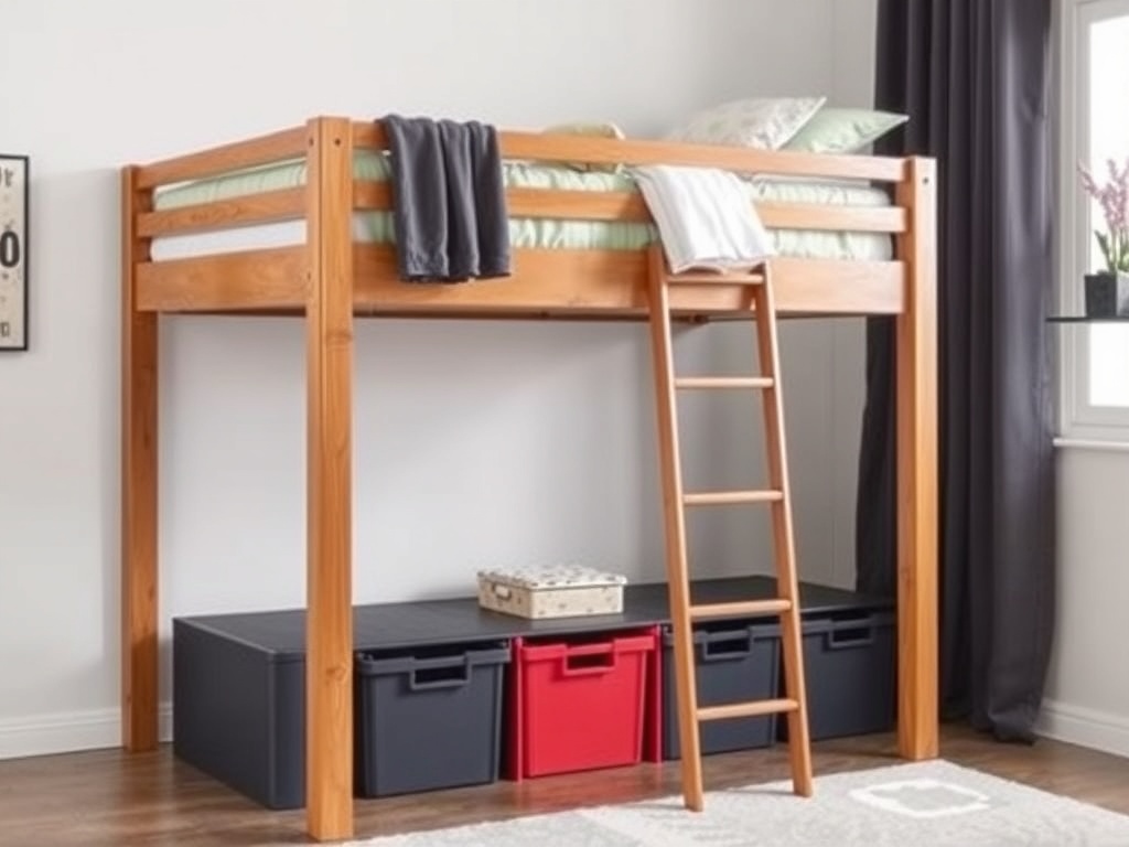 A lofted bed with storage containers beneath
